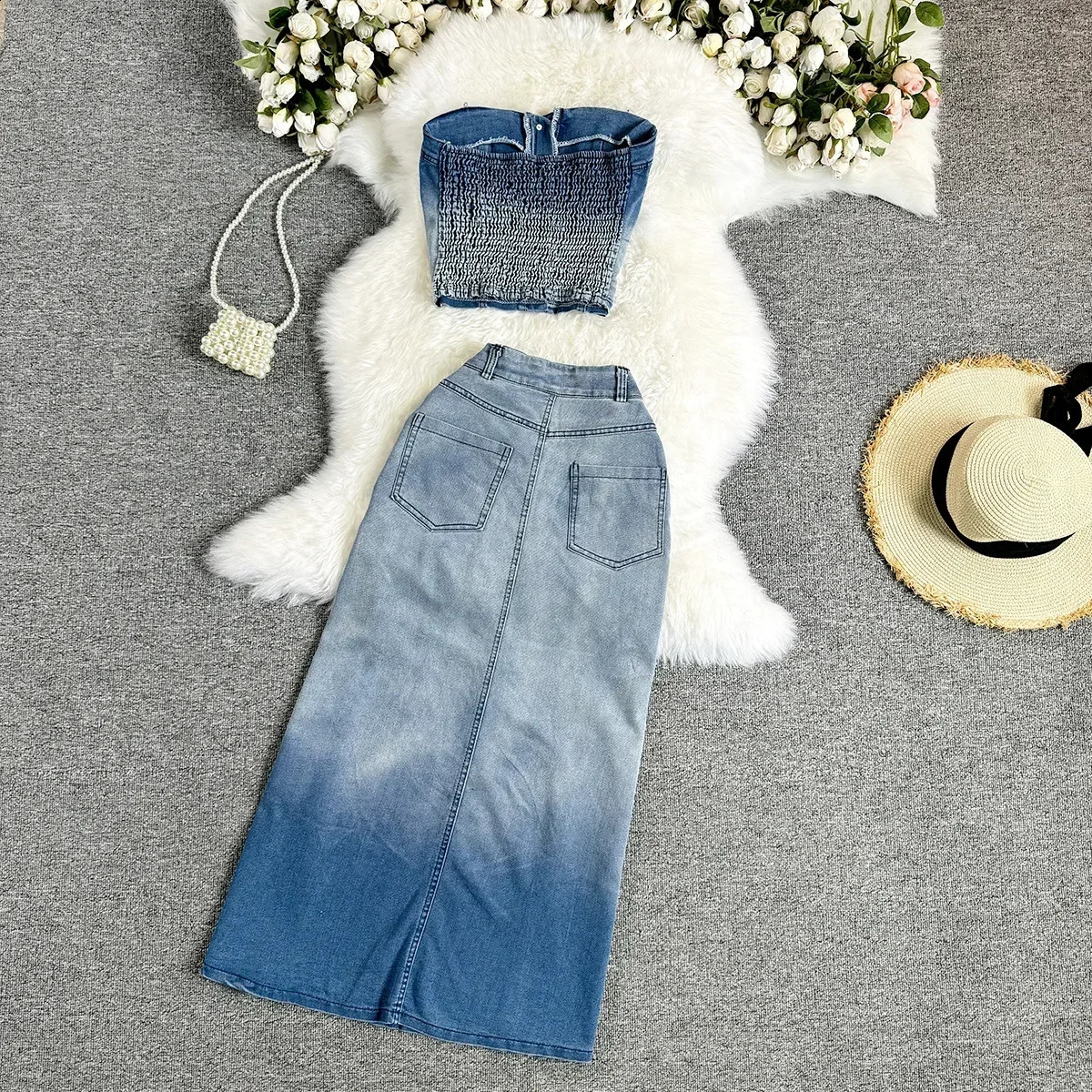 Women Denim Vest Skirt Crop Top Stets Two Pieces Sleeveless Denim Strapless Tops Slim Fit Sexy Sheath High Street Skirts Holes 250411