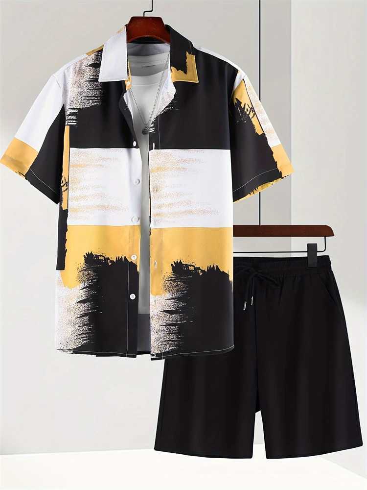 Color printed summer mens casual shirt and shorts set city street fashion short sleeved outdoor beach mens shortsXJ250412