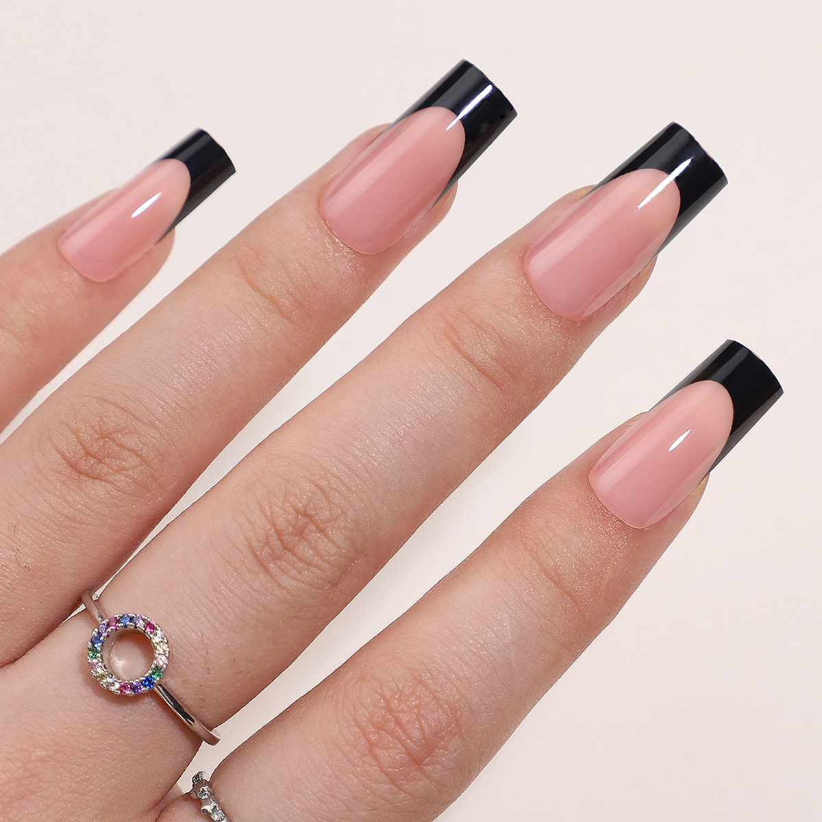 French Black Coffin Long Press-On Nails for Women - Available in 16 Sizes with 32 Reusable Pieces