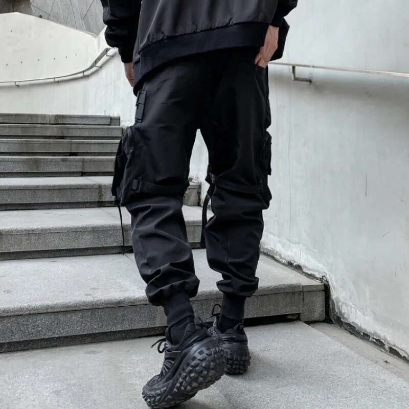 Multi-pockets Ribbons Bandage Tactical Techwear Cargo Pants Mens Haruku Punk Hip Hop Joggers Pantalons Casual Streetwear