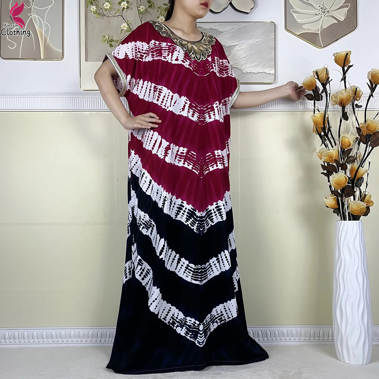 Latest Abaya Womens Osaka Summer Short sleeved Dubai Fashion Printed Cotton Robe Muslim Loose Dress 250411