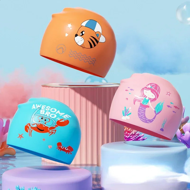 Cartoon Cute Childrens Silicone Swimming Cap Boys Girls Professional Ear Protection Swim Cap for Kids Children Swmming Hat 250411