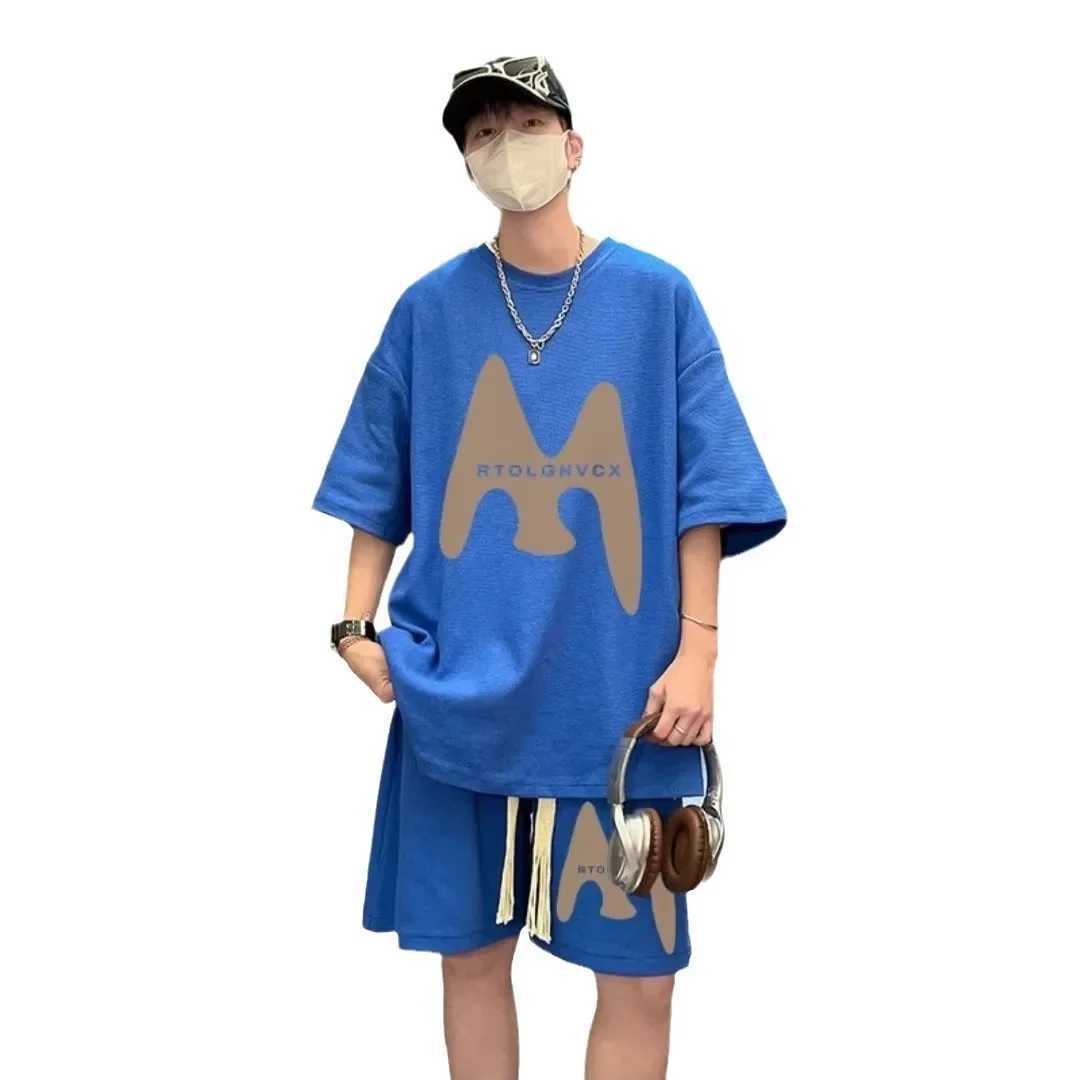 Teenage walking inspection sportswear mens summer casual fat T-shirt shorts 2-piece set Korean cool matching setXJ250412