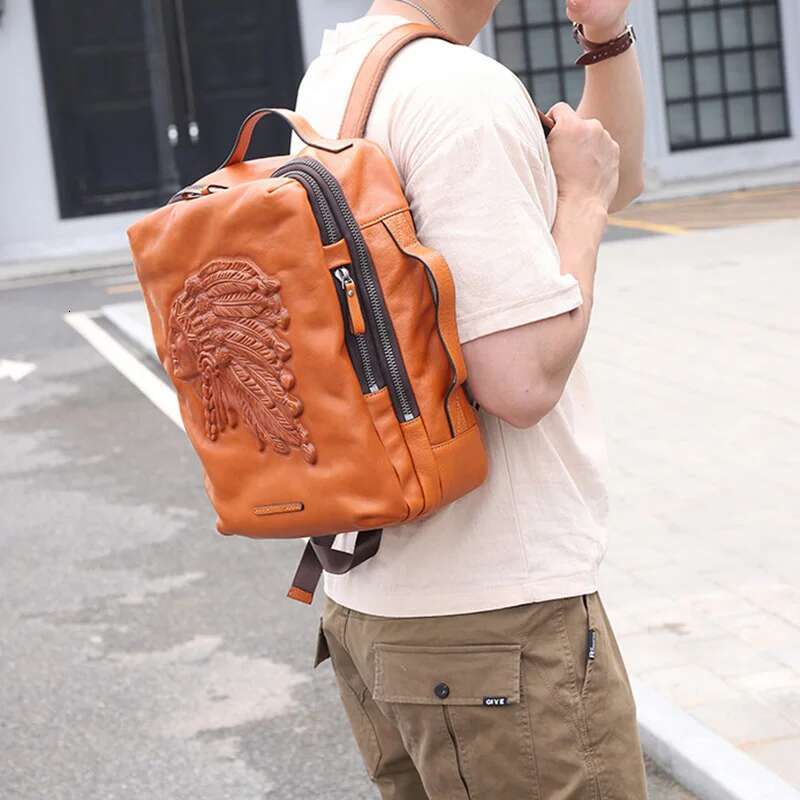 Men's Genuine Leather Backpack Trendy Fashion Tree Cream Top Layer Cowhide Large Capacity Printed Computer Bag