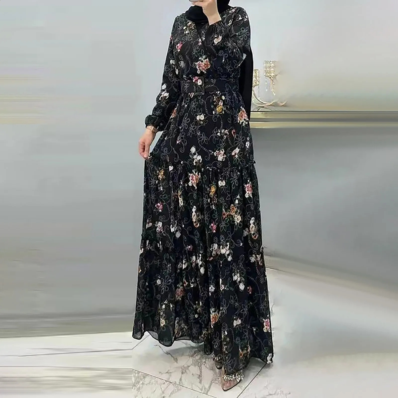 Eid al Fitr Muslim Dress Female Abaya Jalabiya Turtle Neck Flower Printed Belt Dubai Kaftan Robe Vestidos Ramadan Abayas 250411
