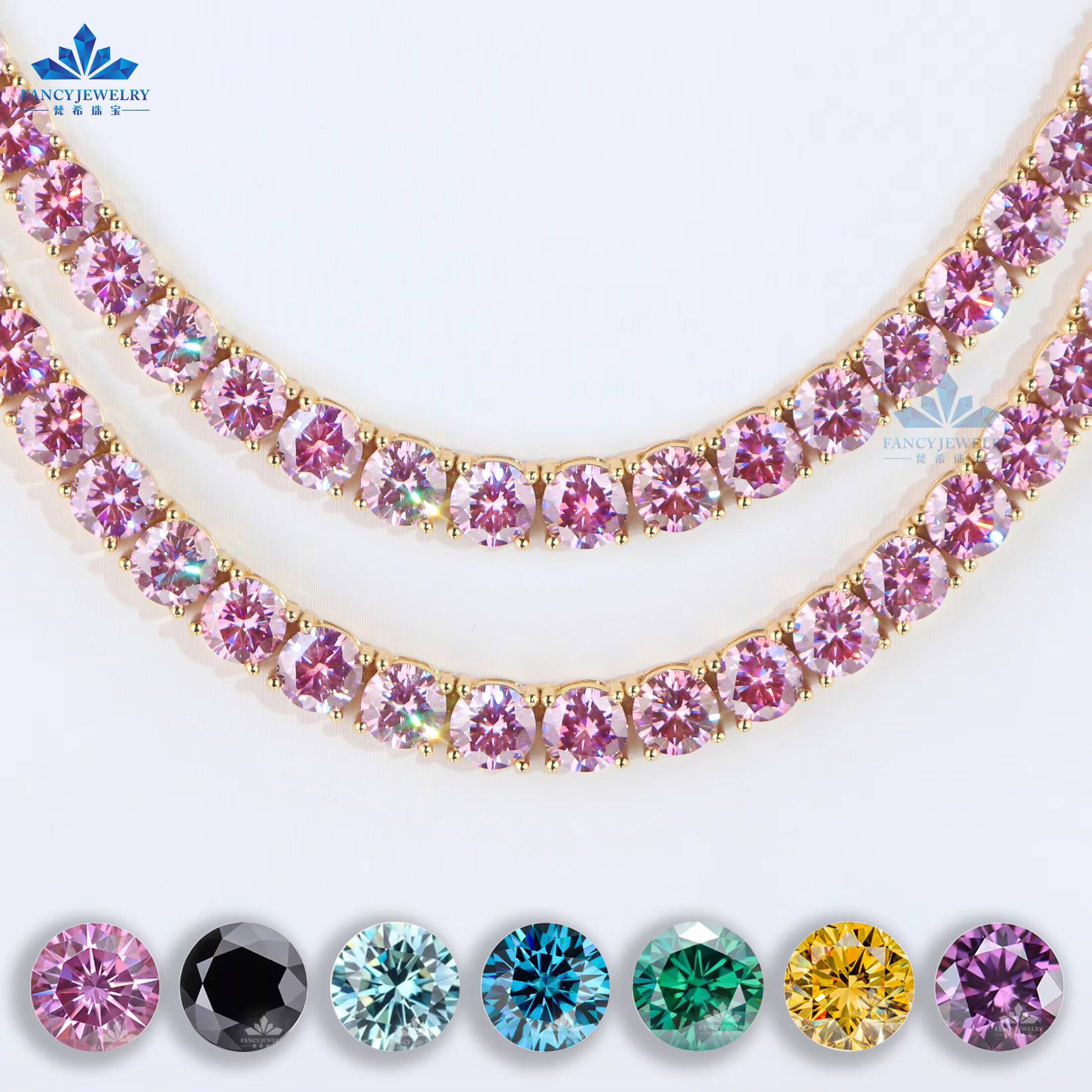 Customized 925 Sterling Silver Tennis Bracelet and Necklace with Pink Moissanite for Women Anniversary Gift