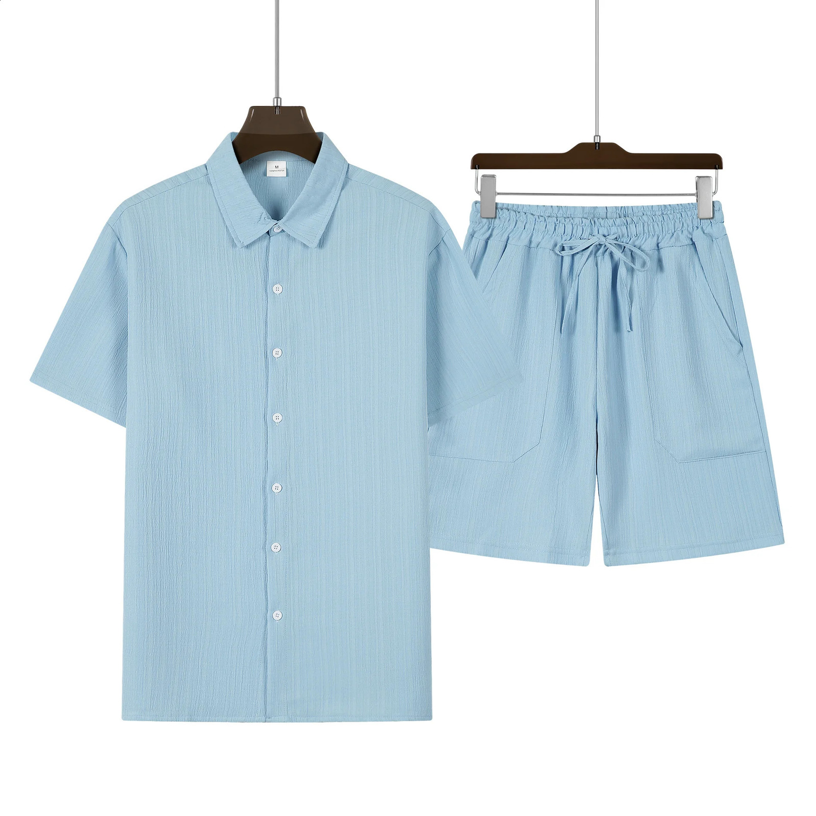 Mens solid color striped short sleeved casual shirt oversized beach shorts summer streetwear 250411
