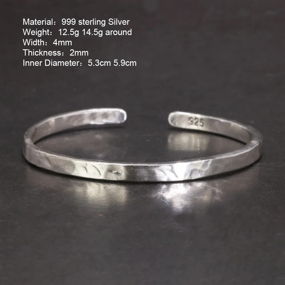 Real 925 Sterling Silver Hammered Cuff Bangles for Men and Women Handmade Polished Fine Jewelry 250403