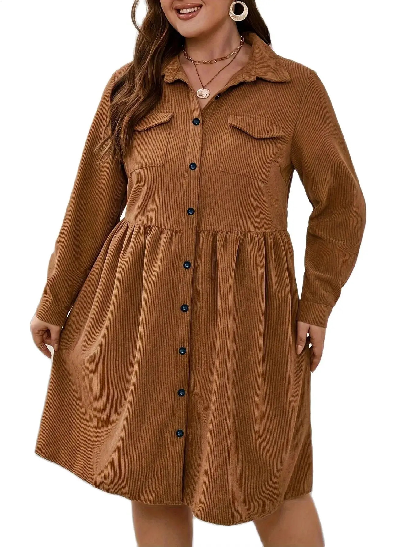 2025 Plus size 1XL5XL shirt dress with corduroy buttons pocket collar knee length loose long sleeves elegant and fashionable 250411