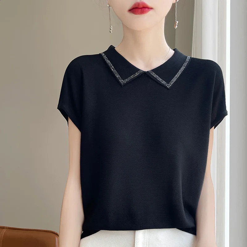 Summer Womens Lyocell POLO Lapel Short-sleeved T-shirt Breathable Loose Thin Top 250411