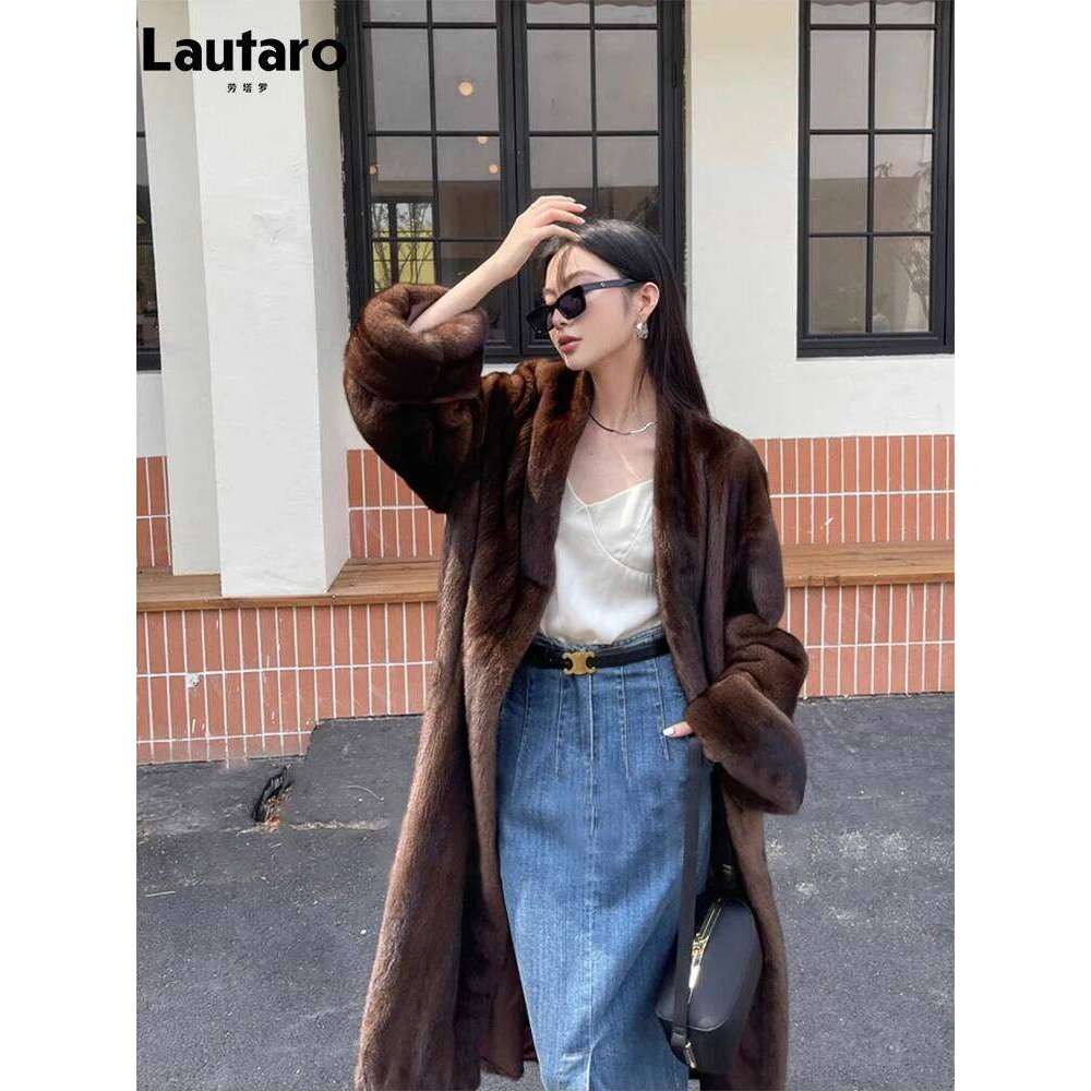 Lautaro Winter Long Vintage Elegant Luxury Chic Thick Warm Soft Brown Fluffy Faux Mink Fur Coat Women V Neck Furry Overcoat 2025