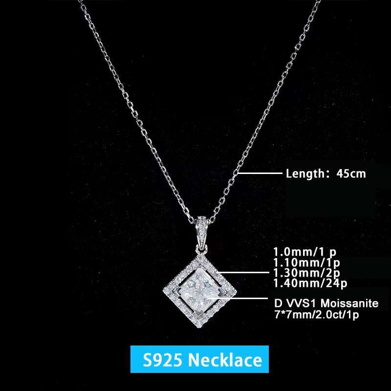 2CT 7*7mm DEF VVS Princess Moissanite Gemstone Starsgem S925 Plated White Gold Women Necklace Moissanite Jewelry Wholesale Price