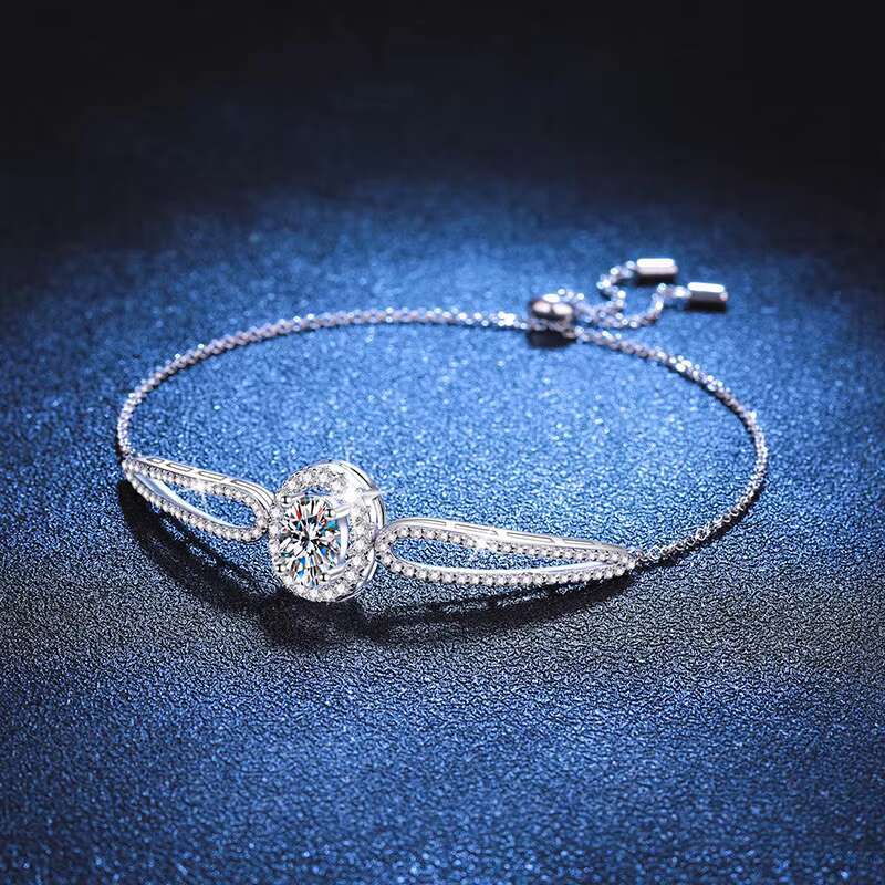 PYQ 1ct Exquisite Simple Halo Charm Bracelet 925 Sterling Silver Round Circle D Color VVS Clarity Moissanite Chain Bracelet