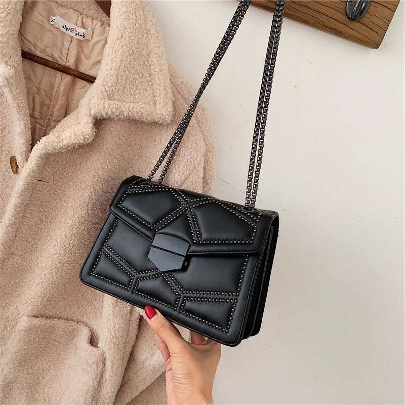 Ydlns Vintage Rivet Chain Shoulder Bags For Women Flap PU Leather Fashion Small Square Crossbody Bag Designer Handbag