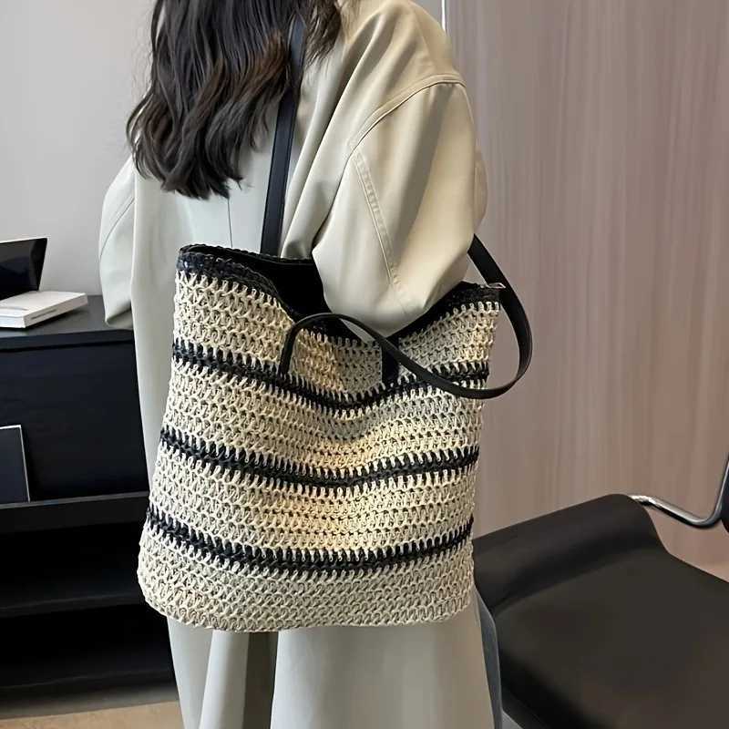 1 Bohemian striped woven handbag Str handbag large capacity can be fixed shoulder bag travel beach bagXJ250412
