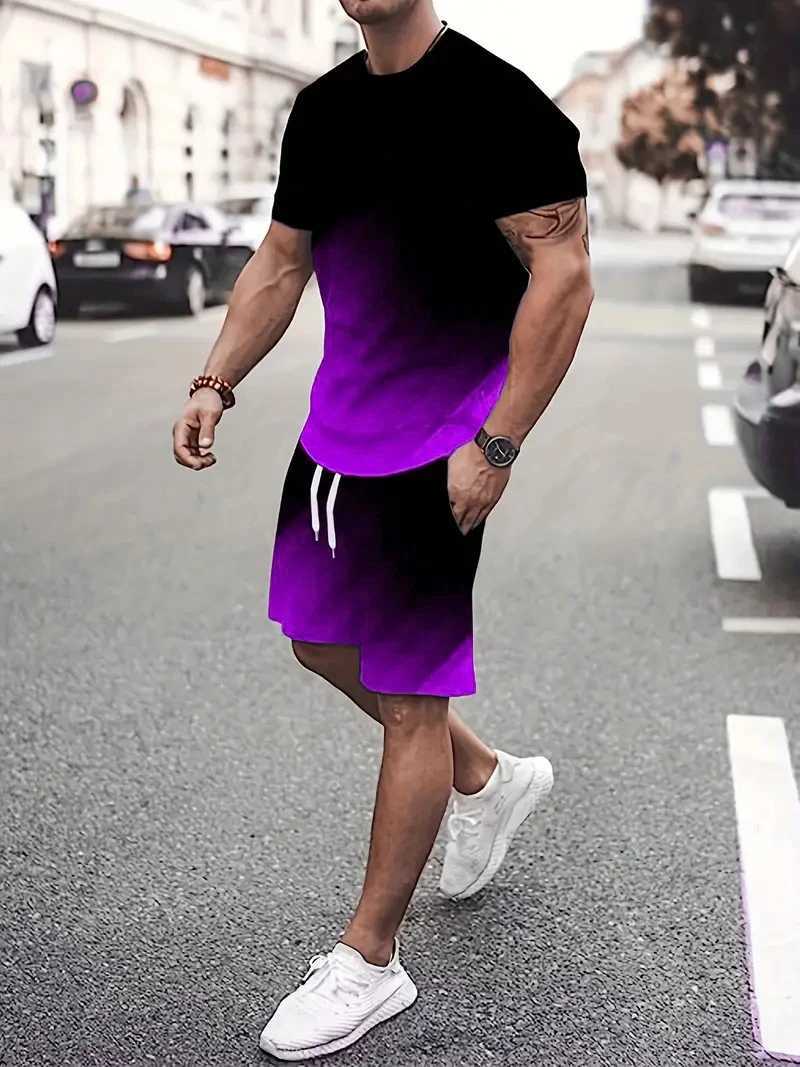Fashion tie dye patterned short sleeved T-shirt and mens short sleeved set summer 3D printed gradient street comfort set 6XL Plus sizeXJ250412