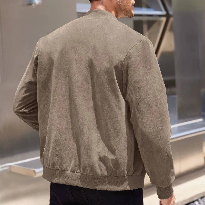 Suede Mens Spring and Autumn Jacket Retro Style Solid Color Zipper Windproof Motorcycle and Bomber Jacket 250411