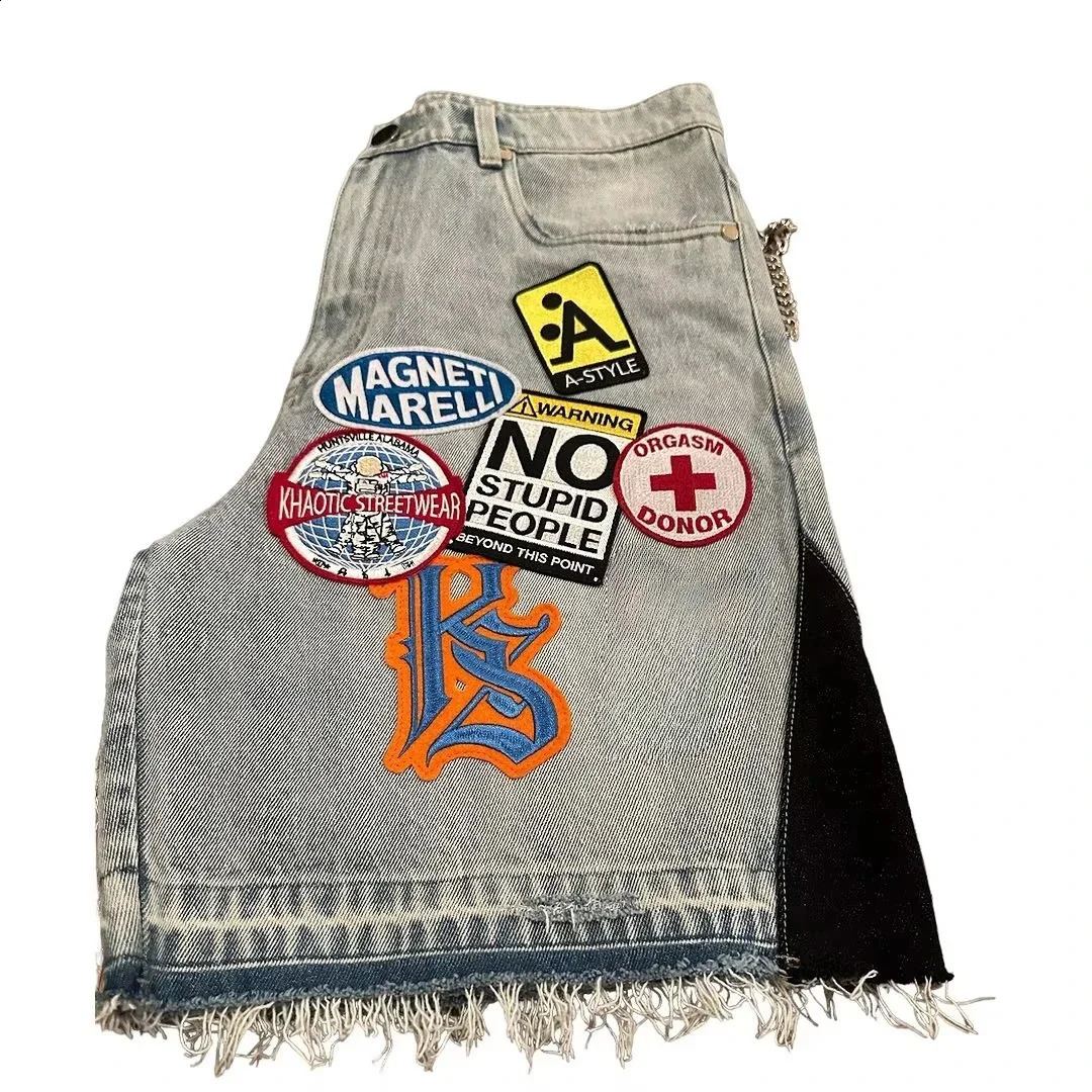Streetwear fitness bag denim shorts mens Harajuku hip-hop cartoon graphic patch jeans shorts Gothic retro blue shorts 250410