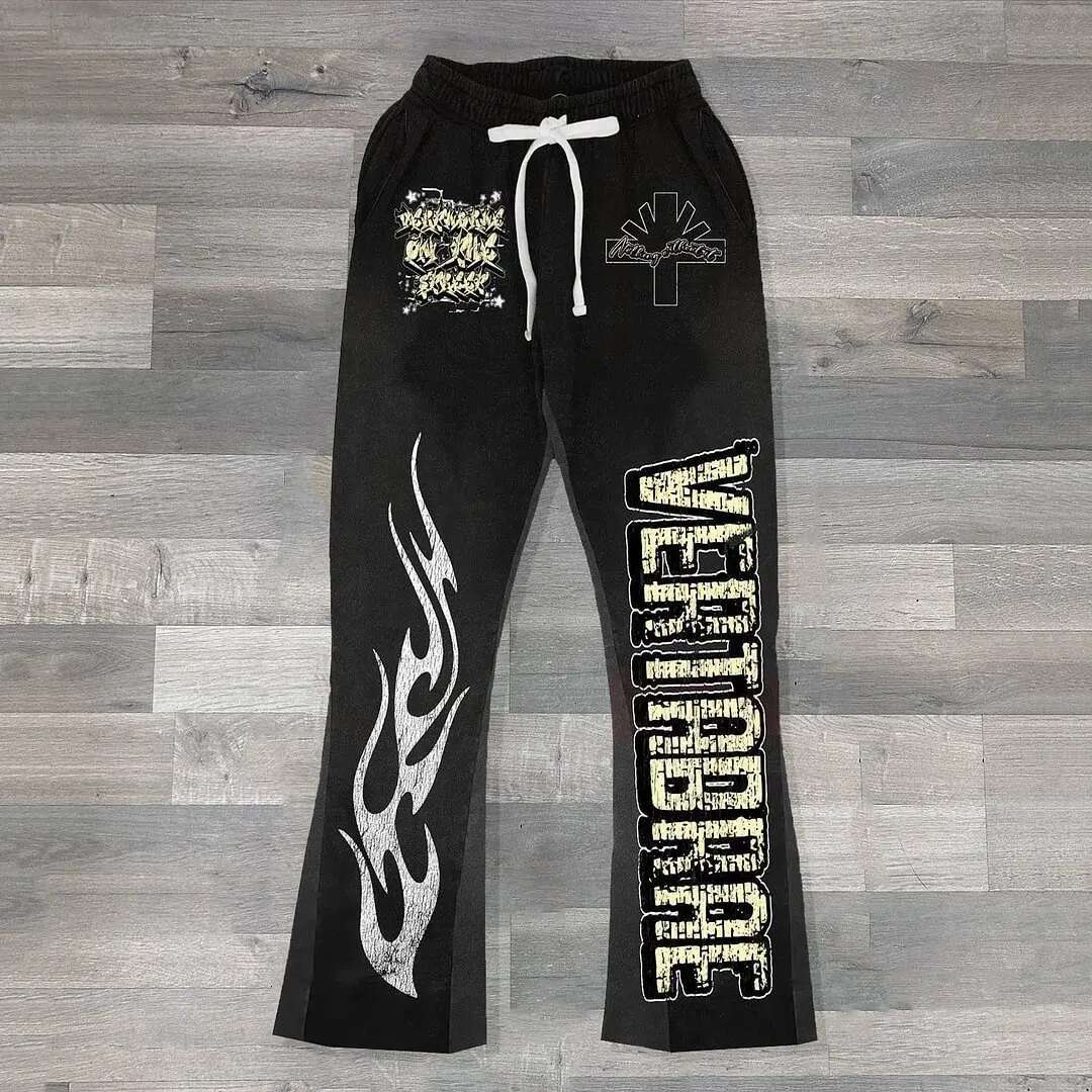 Y2k Hip Hop Men Loose 3D Print Trousers Casual Sweatpants Mid Waist Sporty Female Streetwear Vintage Flared Pants