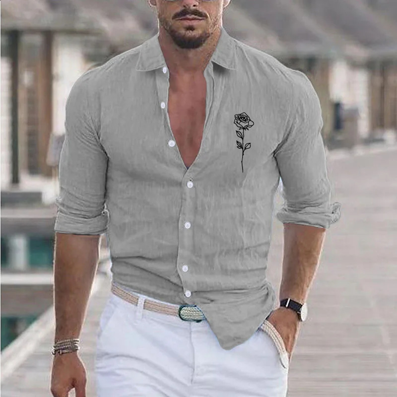 Mens Summer Cotton And Linen Lapel Beach Shirt Long Sleeve Solid Color Hawaiian Holiday Clothing Rose Pattern Shirt 250411