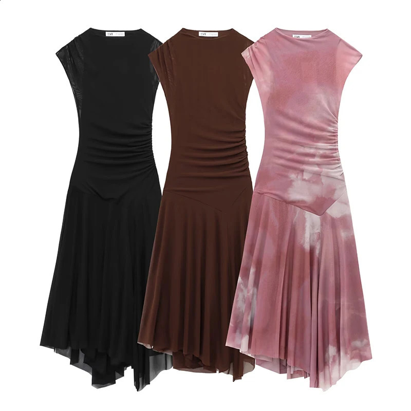 RAFZNB pleated chiffon long dress for women fashionable sleeveless Midi dress summer retro womens elegant party dress 250408
