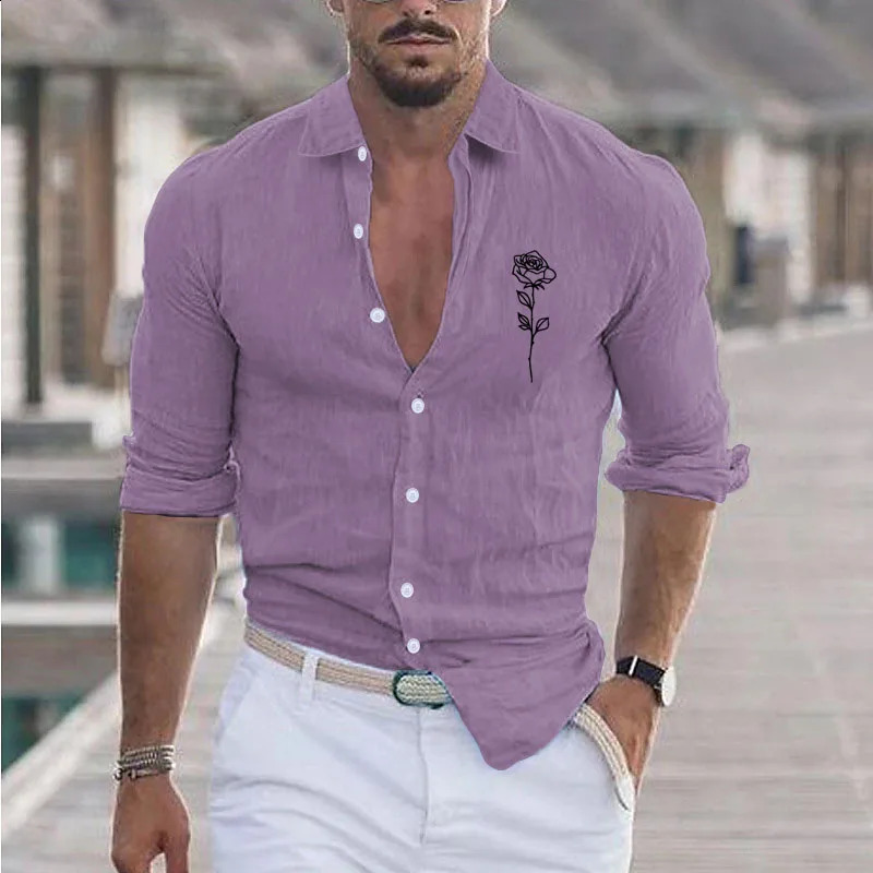 Mens Summer Cotton And Linen Lapel Beach Shirt Long Sleeve Solid Color Hawaiian Holiday Clothing Rose Pattern Shirt 250411