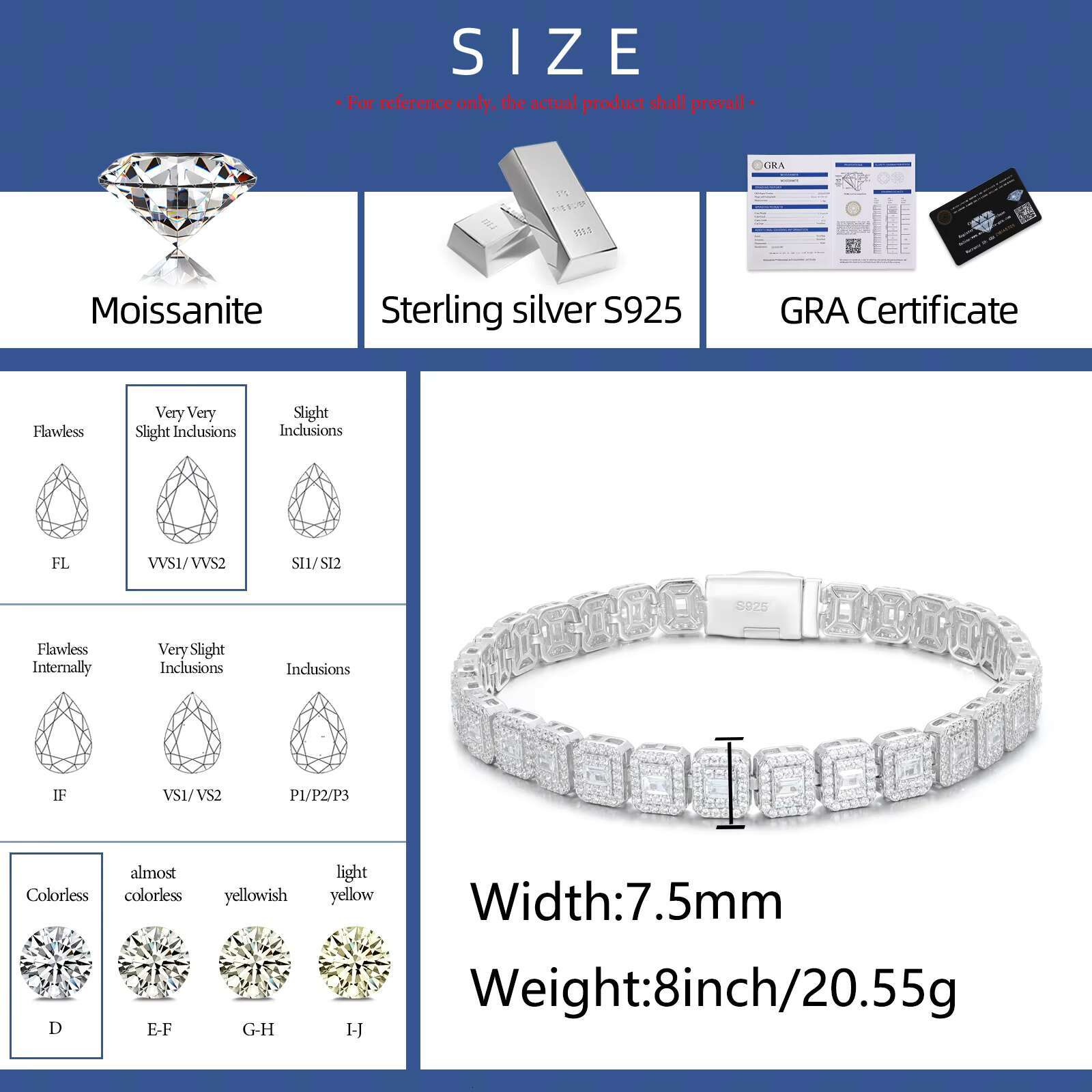 New Arrival Stylish Jewelry 7.5mm 925 Sterling Silver VVS Baguette Moissanite Diamond Geometric Iced Out Tennis Chain Bracelet
