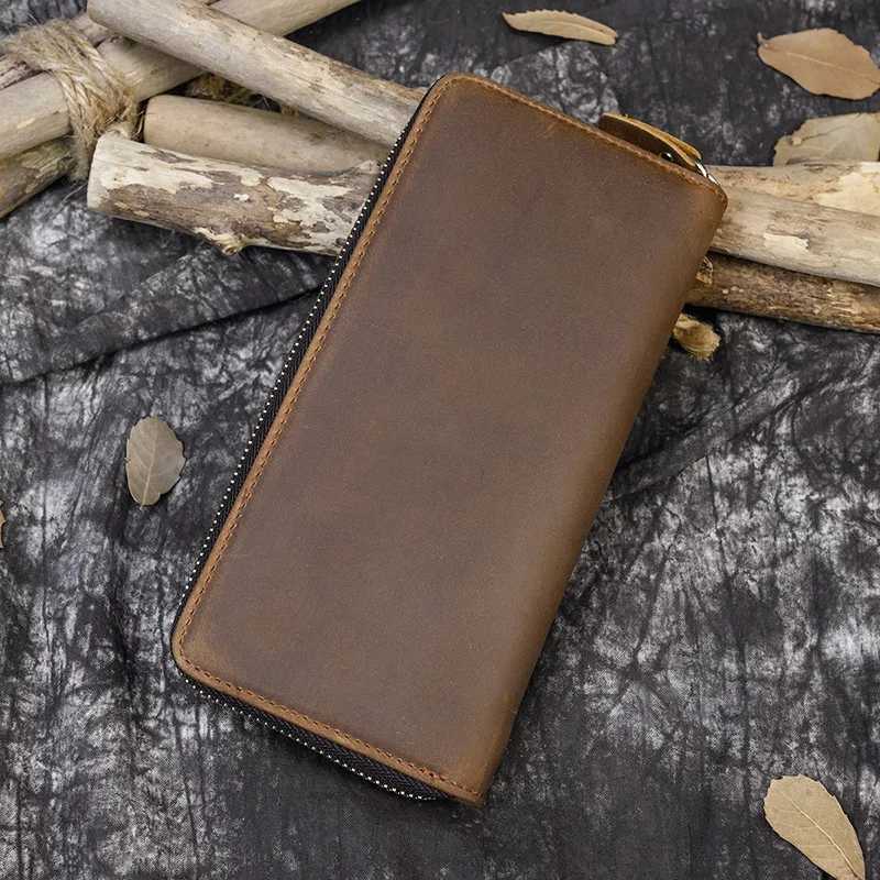 Mens Crazy Horse Leather Long Wallet Zipper Wrap Leather Wallet Phone Case with Coin Pocket and 4-Layer Pocket Z250411