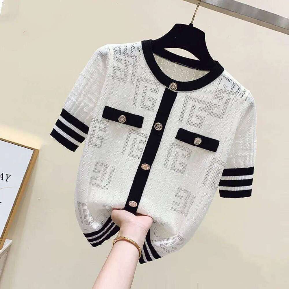 Ladies Fashion Diamonds Patchwork Short Sleeve Knitting T-Shirts Summer Temperament Geometric Thin O-Neck Pullover Top Tee Women