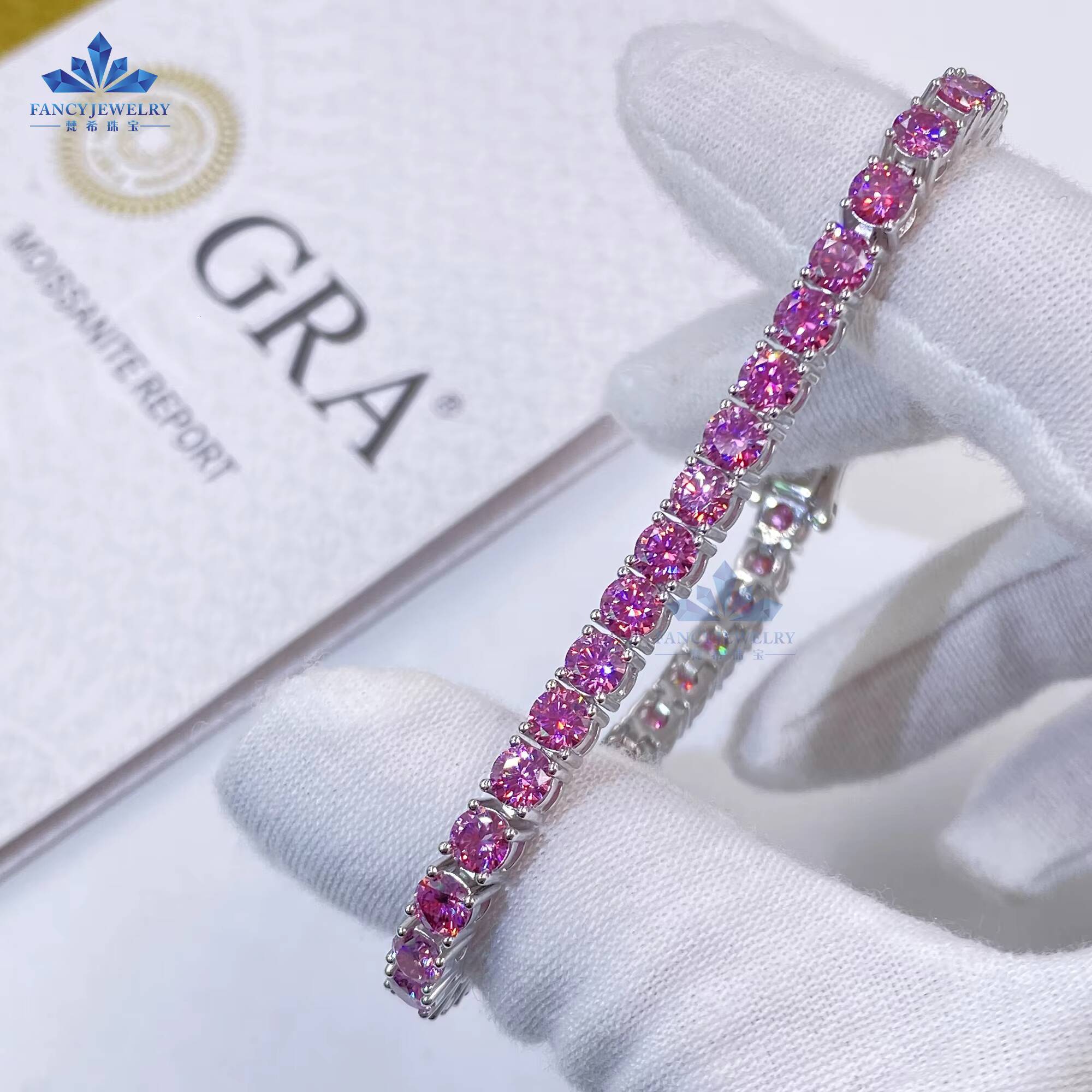 Customized 925 Sterling Silver Tennis Bracelet and Necklace with Pink Moissanite for Women Anniversary Gift
