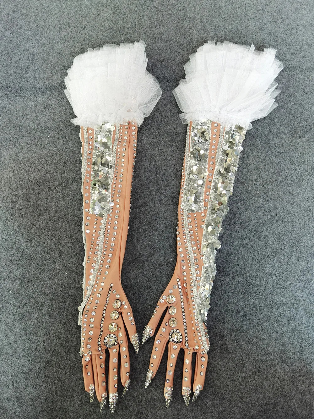 Fashion Party Rhinestone Gloves Women Skin Nude Color Ruffles Crystal Prom Wedding Long Gloves Dancer Singer Stage Accessories 250408