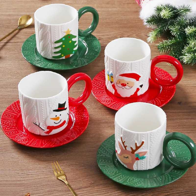 Christmas Relief Grain Hand-painted Ceramic Cups and Saucers Creative Hand-painted Santa Claus Elk Coffee Cup Set Drinking Holiday Gifts Y251112