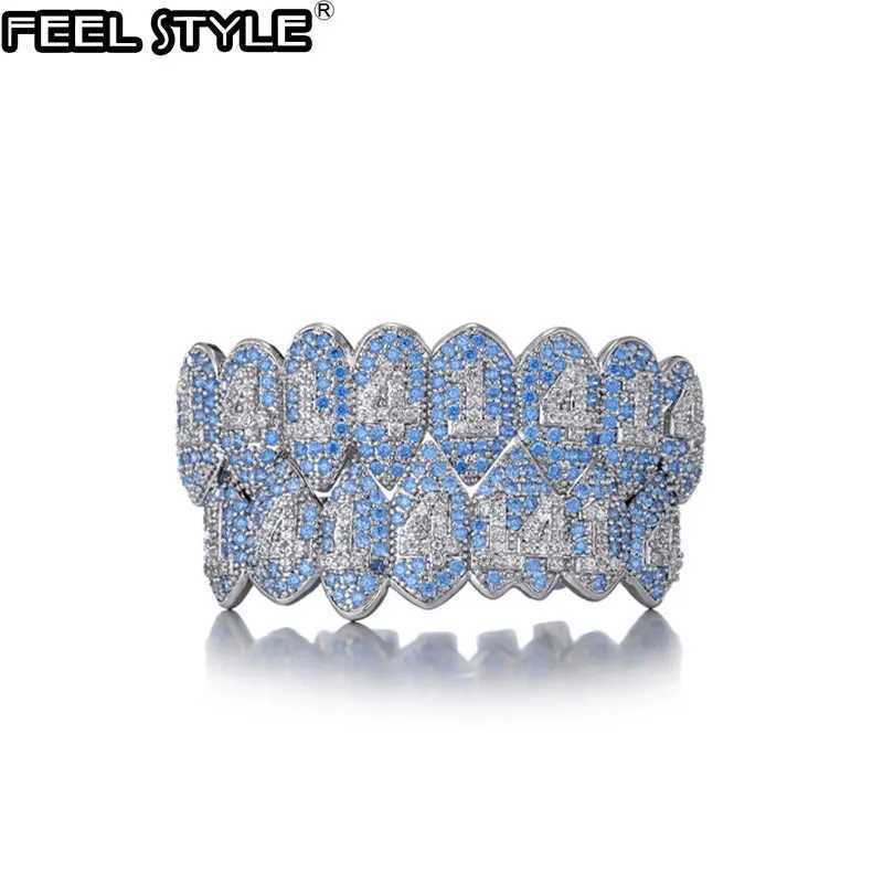 Feel Style CZ Teeth Grillz Hat Shiny Blue Cube Zircon Ice Out Mini Paving Top and Bottom Charm Grill Set W250412