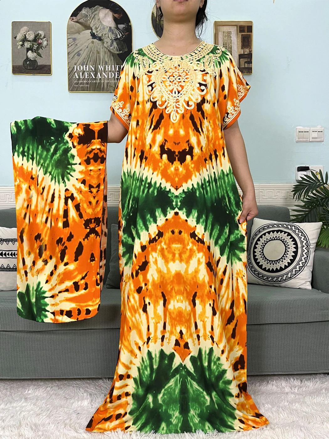 Muslim Cotton Abayas Womens Decal Printed Caftan Marocaine Robe Boubou African Islamic Dress 250411