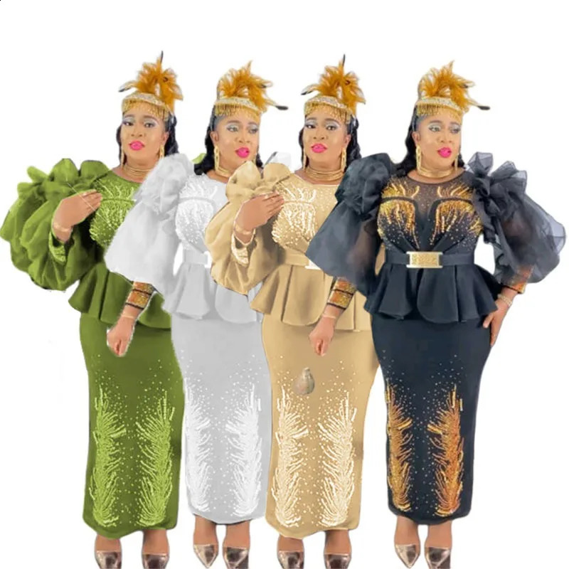 Large African Party Womens Elegant Autumn Long Sleeve Diamond Wedding Christmas Dress 250411