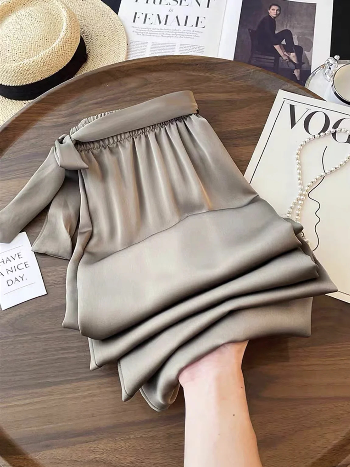 High Waist Ice Silk Acetate Wide Leg Pants for Women Summer Loose Silk Satin long maxi Trousers Spring lace up plus size pants 250411