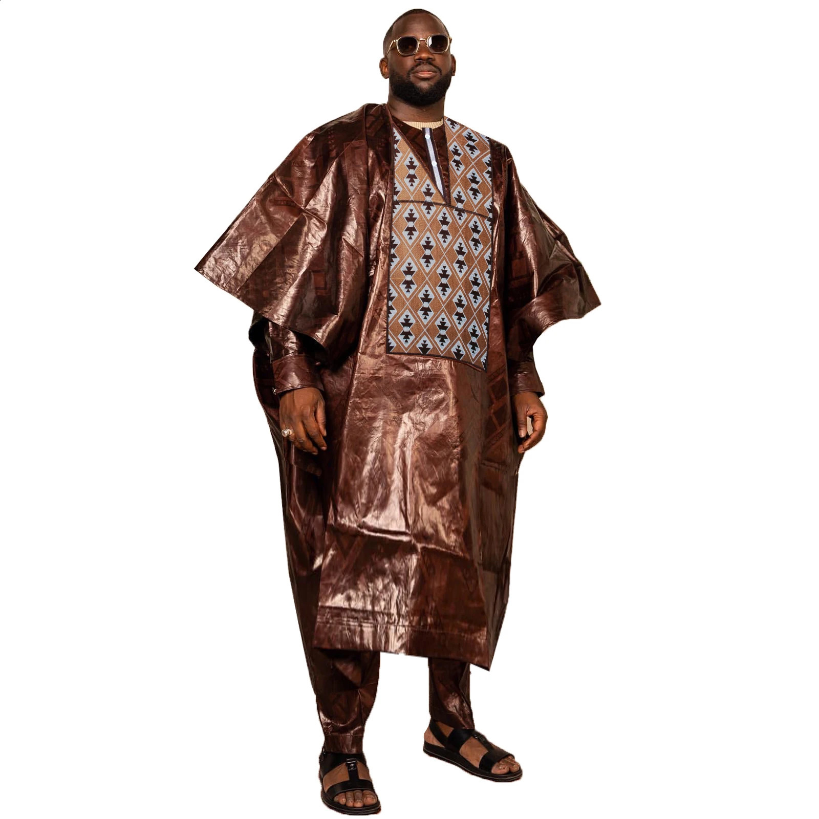 Kaftan Elegant African Mens 3Piece Long Sleeve Ethnic Top and Pants Full y Wedding Wear 250411