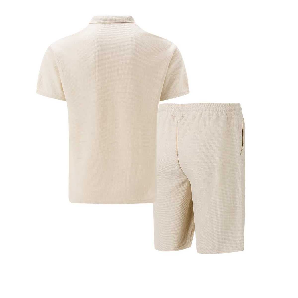 2025 Mens European and American New Summer Waffle Solid Color Zipper Collar Short Sleeve Set Two SetsXJ250412