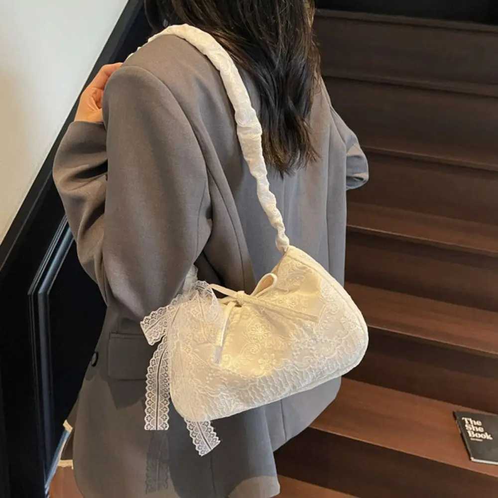 Shopping Tote Bag Lace Shoulder Bag Pleated Strap With Ribbon Simple Canvas Handbag Cloth Simple Large Capacity Bag GirlsT2511112