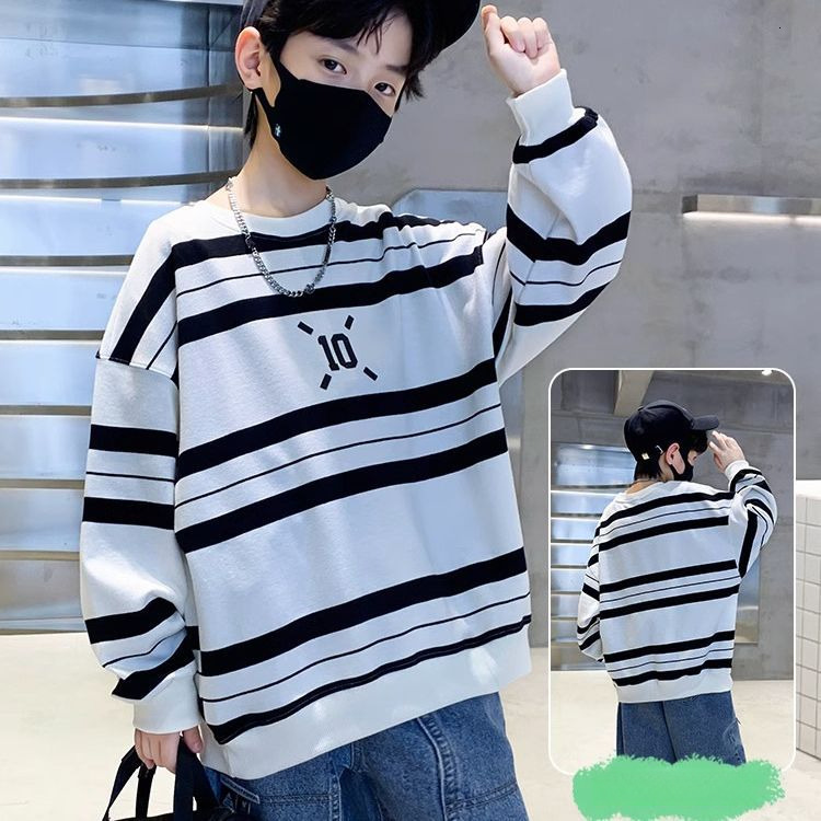 Ddmyshoesvip Boys Autumn Striped Hoodie New Cool And Handsome Boy Loose Round Neck Long Sleeved T Shirt Korean Version Thin Top