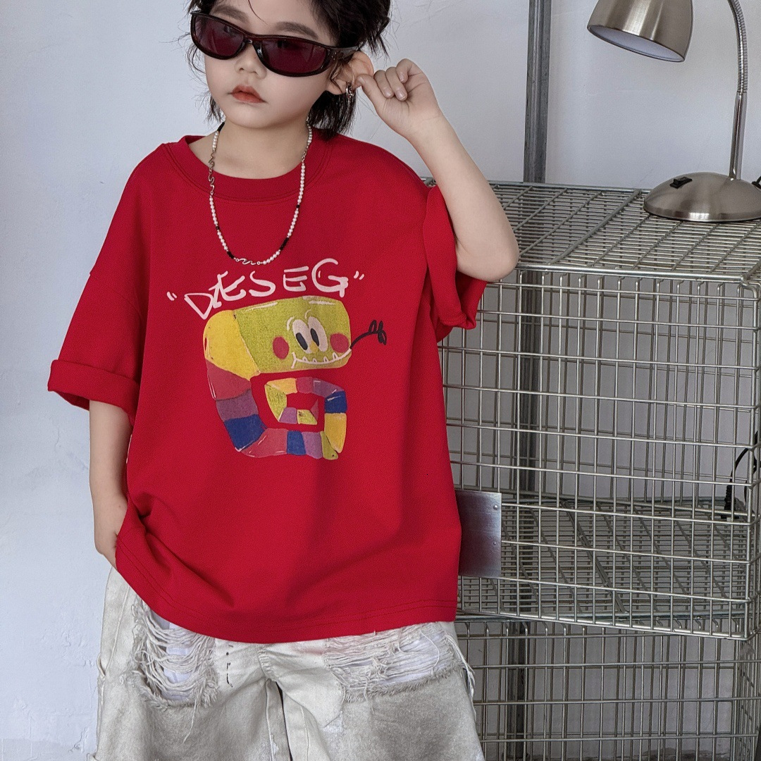 Ddmyshoesvip Summer New Children S Short Sleeved Top For And Girls Red Western Style Loose Pure Cotton Round Neck Boys