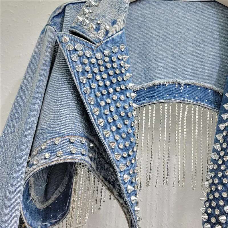 Rhie Beaded Tassels Rivets Denim Jacket Short Crystal Fringed Backless Jeans Coat Dias Cowboy Cardigan Sequins Tops