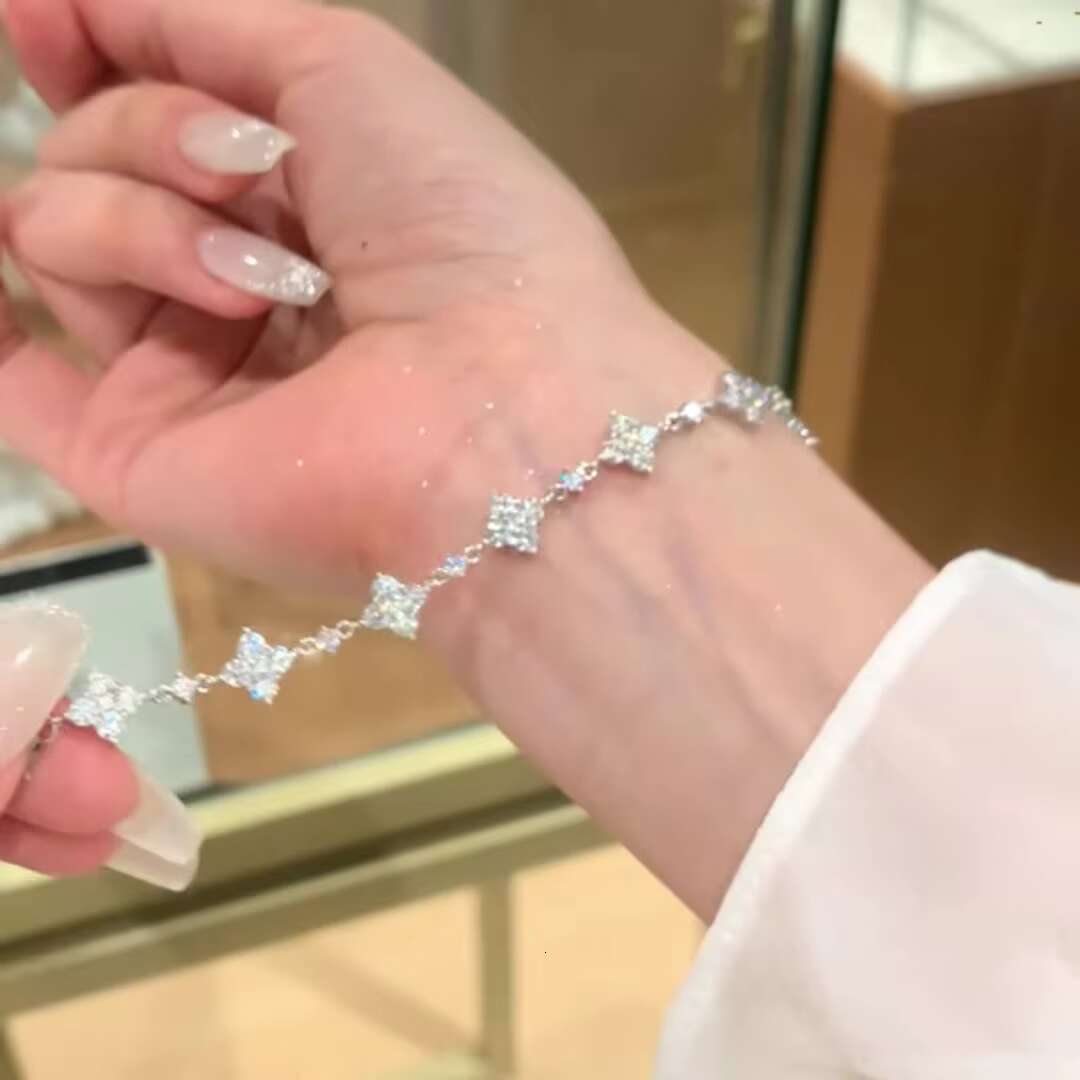 Adodo Factory Womens S925 Sterling Silver Moissanite Adjustable Bracelet with Four-leaf Clover Elegant Bangle Jewelry