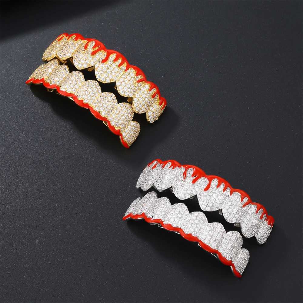 D Z Hip Pop Sparkling Cubic Zircon Blood Teeth Grilz Set for Neutral Top Bottom Oral Gold Silver Removable Dental Jewelry W250412