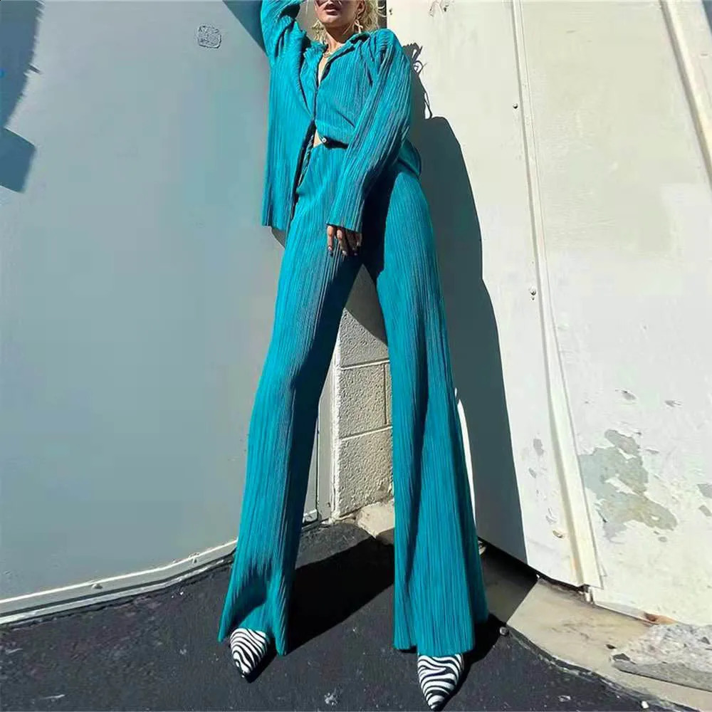 Womens Tracksuit Two Piece Sets Loose Long Sleeve Shirt Tops and Wide Leg Pants Elegant Suits Summer Casual Female Outfits 250411