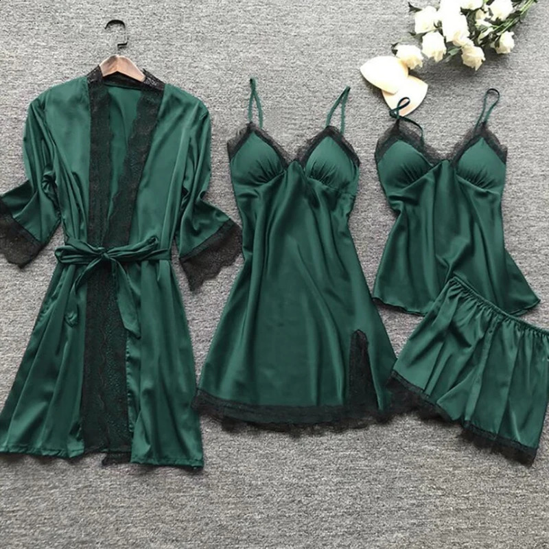 4 Pieces Womens Sexy Lace Pajamas Fashion V-Neck Gown Comfort Pajamas With Chest Pads Nightdress Casual Loungew 250409