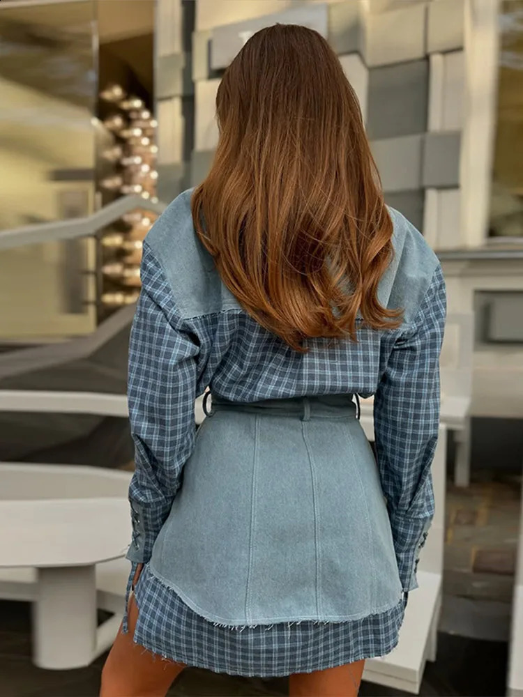 Lapel Color Blocked Shirt Waist Cinching Irregular Hem Short Skirt Set Woman Loose Long Plaid Shirt Patchwork Women Denim Suits 250411