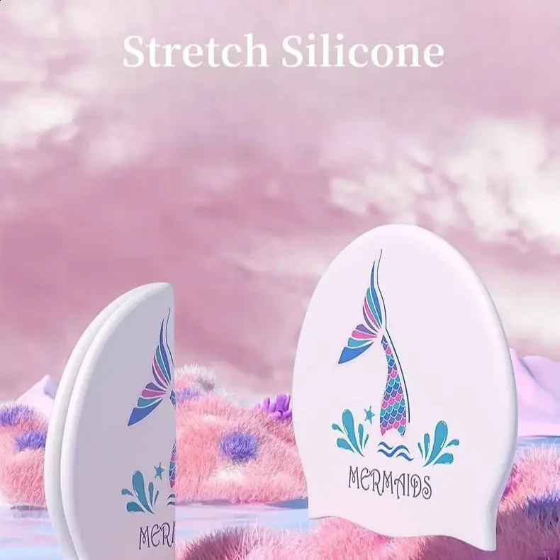 Swimming Cap Female Waterproof Elasticity Not Strangle Head Long Hair Large Ear Protection Adult Printed Silicone Fish Mermaid 250411