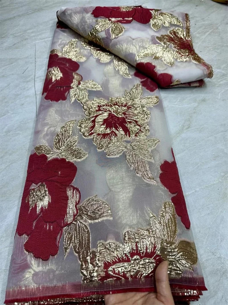 African Jacquard Organza Brocade Fabric 2024 Nigerian Damask Tulle Mesh Gilding Lace French Net Material Brocard Tissu 5Yard CJ6 250407