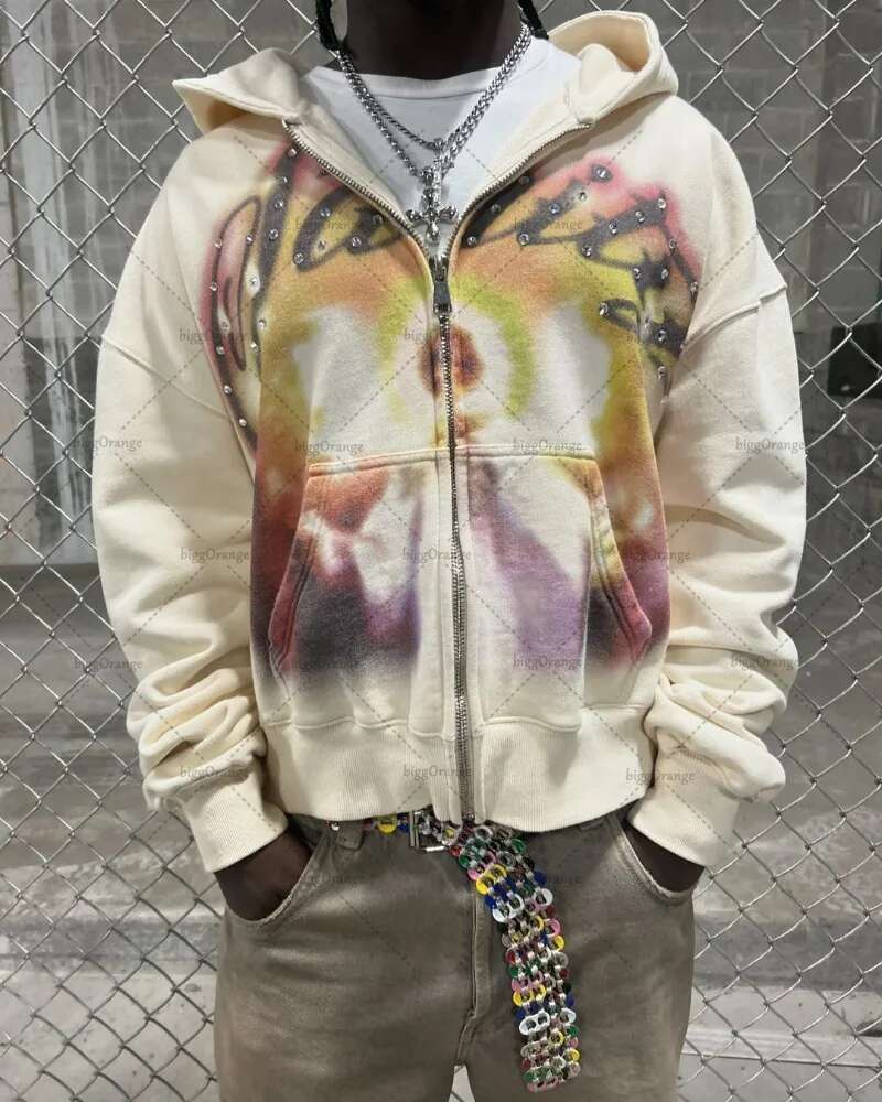 European and American Retro Zipper Hoodie Men Y2k Letter Graffiti Print Oversized Sweatshirt Haruku Versatile Jacket Women
